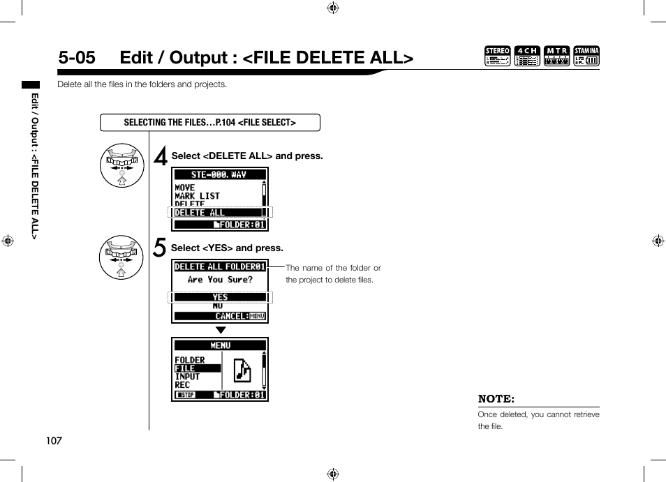 05 edit / output : <file delete all | Zoom H4n User Manual | Page 108 / 156