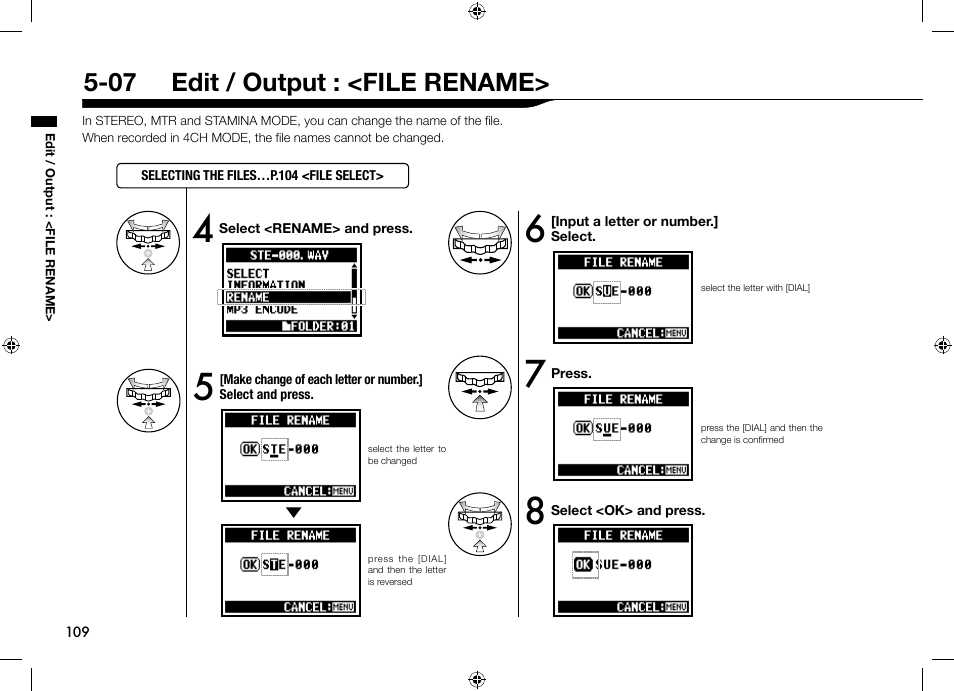 07 edit / output : <file rename | Zoom H4n User Manual | Page 110 / 156