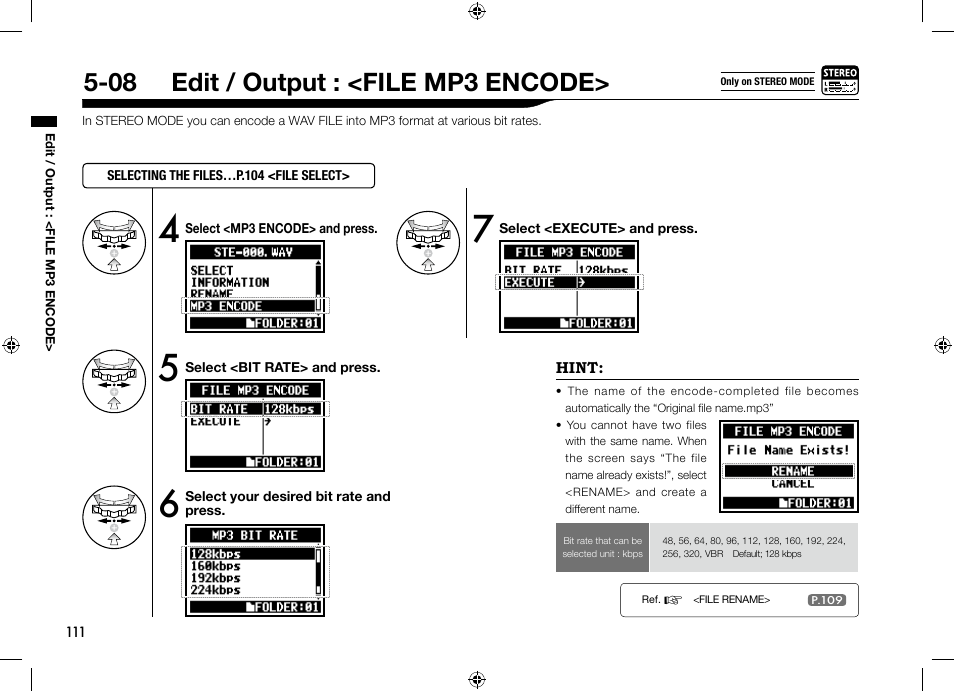 08 edit / output : <file mp3 encode | Zoom H4n User Manual | Page 112 / 156