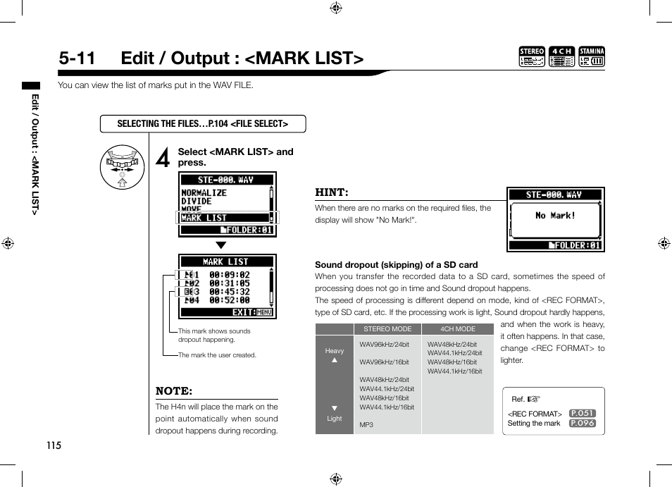 11 edit / output : <mark list | Zoom H4n User Manual | Page 116 / 156