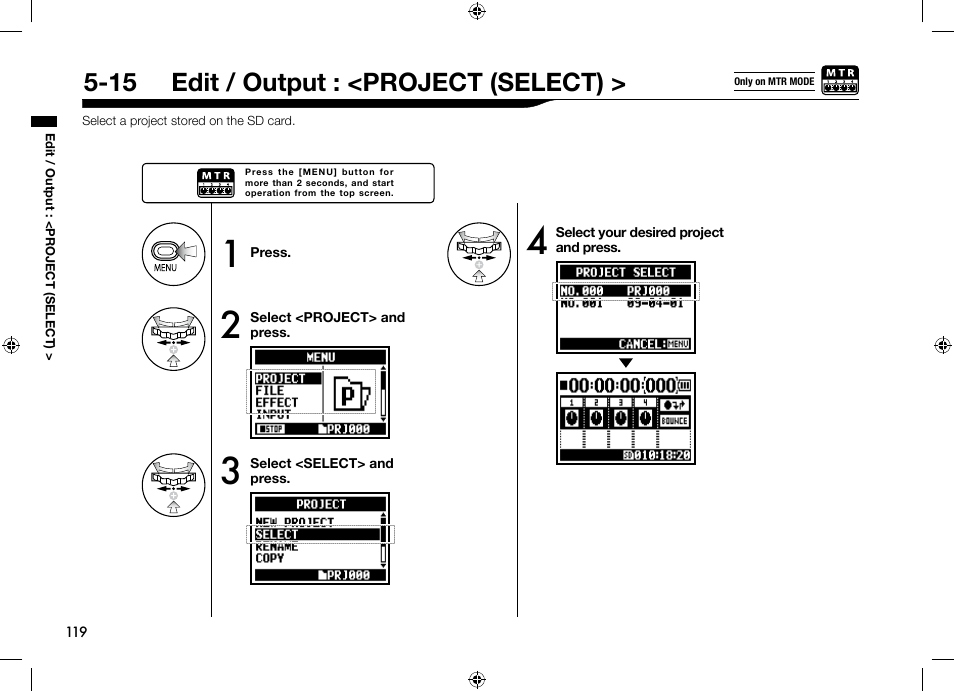 15 edit / output : <project (select) | Zoom H4n User Manual | Page 120 / 156