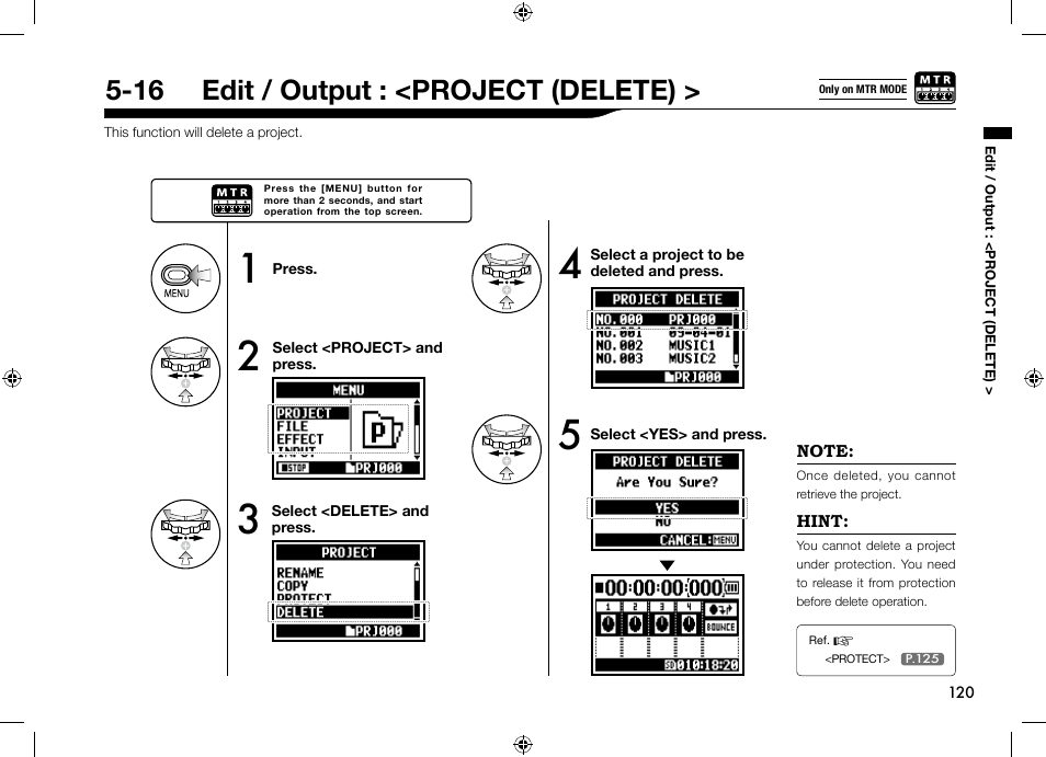 16 edit / output : <project (delete) | Zoom H4n User Manual | Page 121 / 156