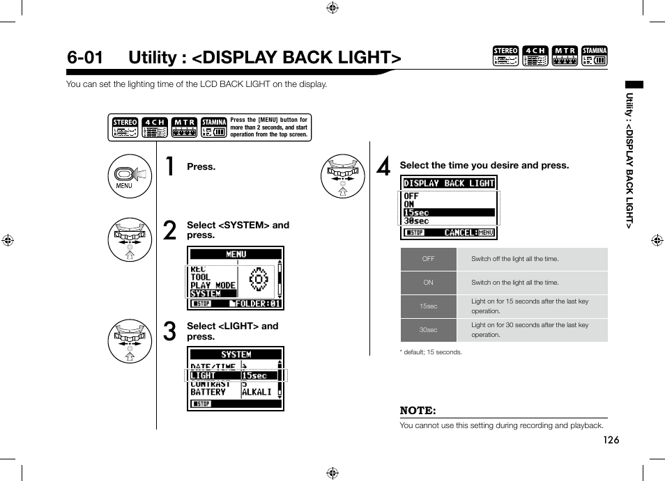 01 utility : <display back light | Zoom H4n User Manual | Page 127 / 156