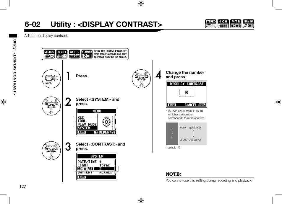 02 utility : <display contrast | Zoom H4n User Manual | Page 128 / 156