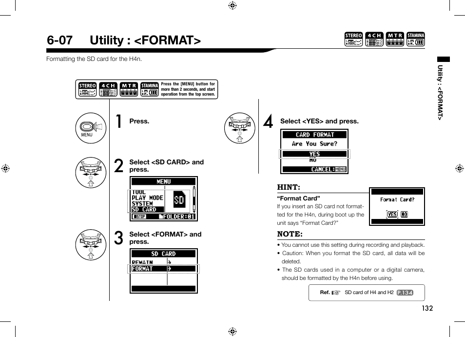 07 utility : <format | Zoom H4n User Manual | Page 133 / 156
