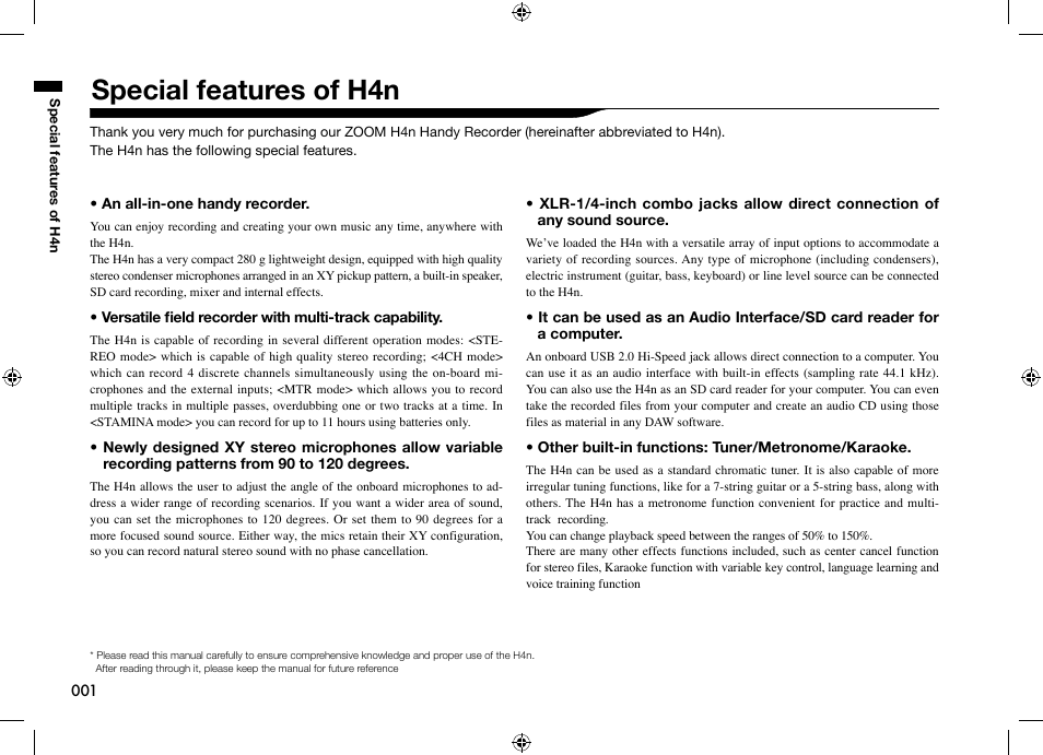 Special features of h4n | Zoom H4n User Manual | Page 2 / 156