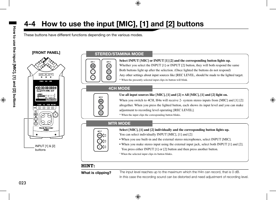 4 how to use the input [mic], [1] and [2] buttons | Zoom H4n User Manual | Page 24 / 156