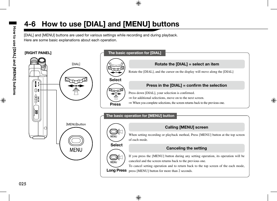 6 how to use [dial] and [menu] buttons | Zoom H4n User Manual | Page 26 / 156