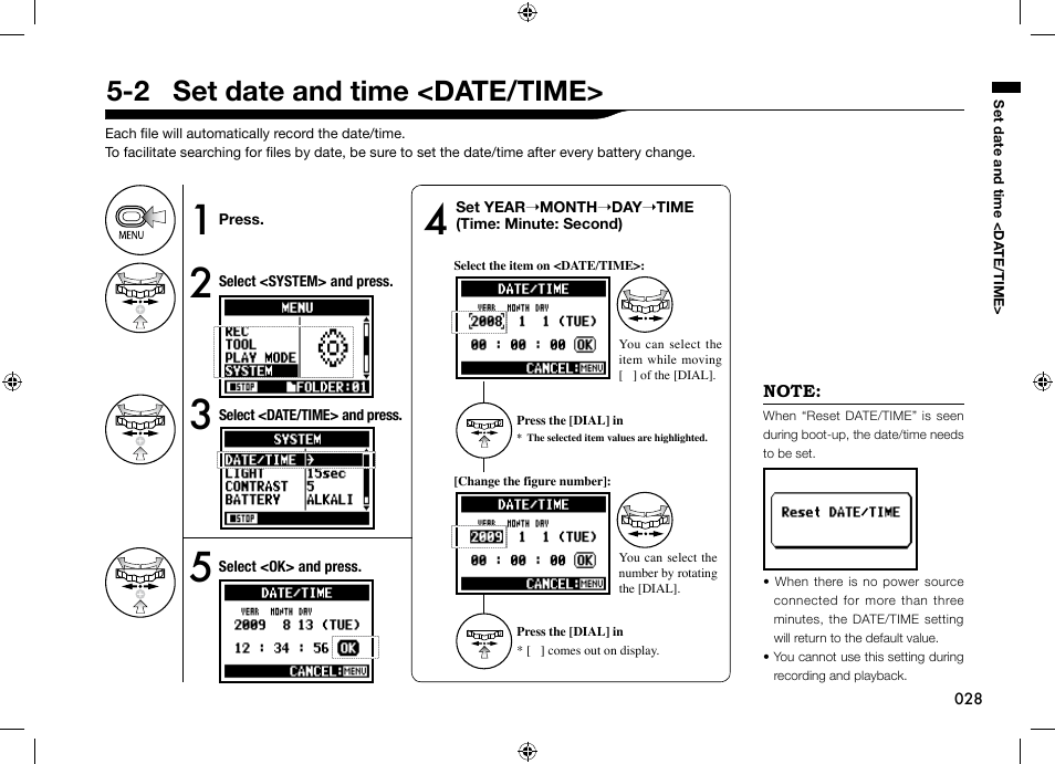 2 set date and time <date/time | Zoom H4n User Manual | Page 29 / 156