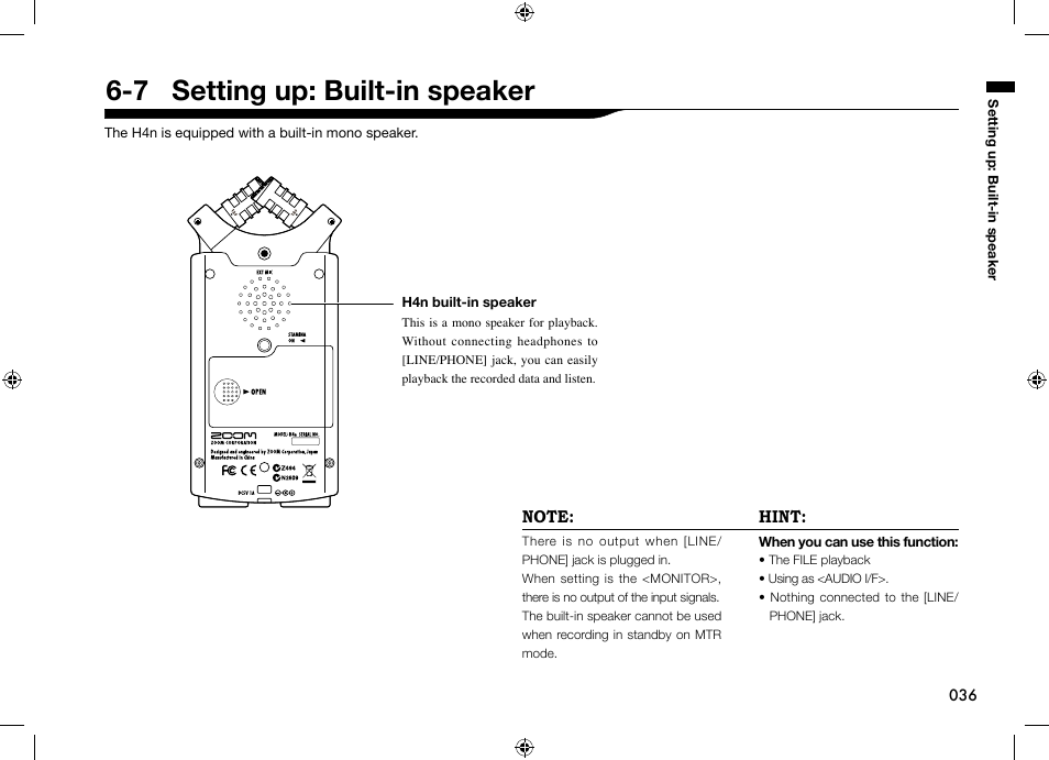 7 setting up: built-in speaker | Zoom H4n User Manual | Page 37 / 156