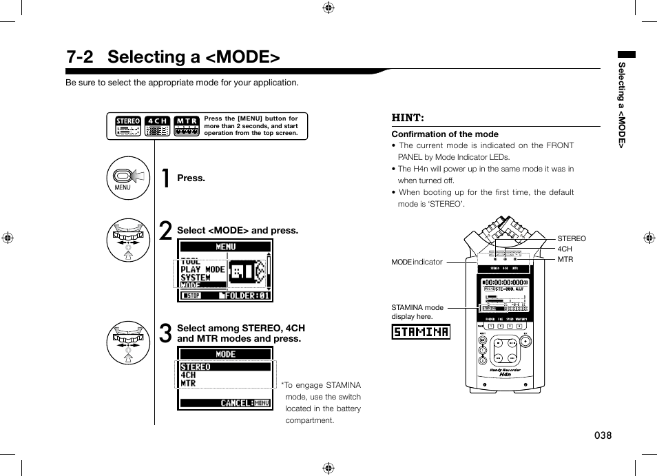 2 selecting a <mode | Zoom H4n User Manual | Page 39 / 156