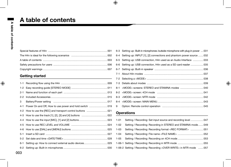 A table of contents | Zoom H4n User Manual | Page 4 / 156