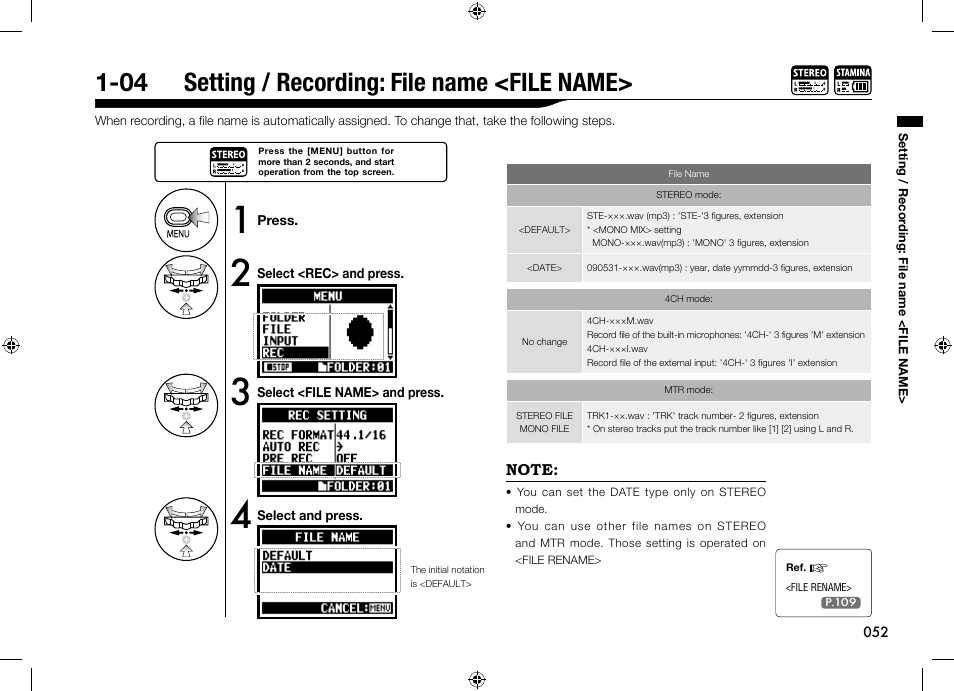 04 setting / recording: file name <file name | Zoom H4n User Manual | Page 53 / 156