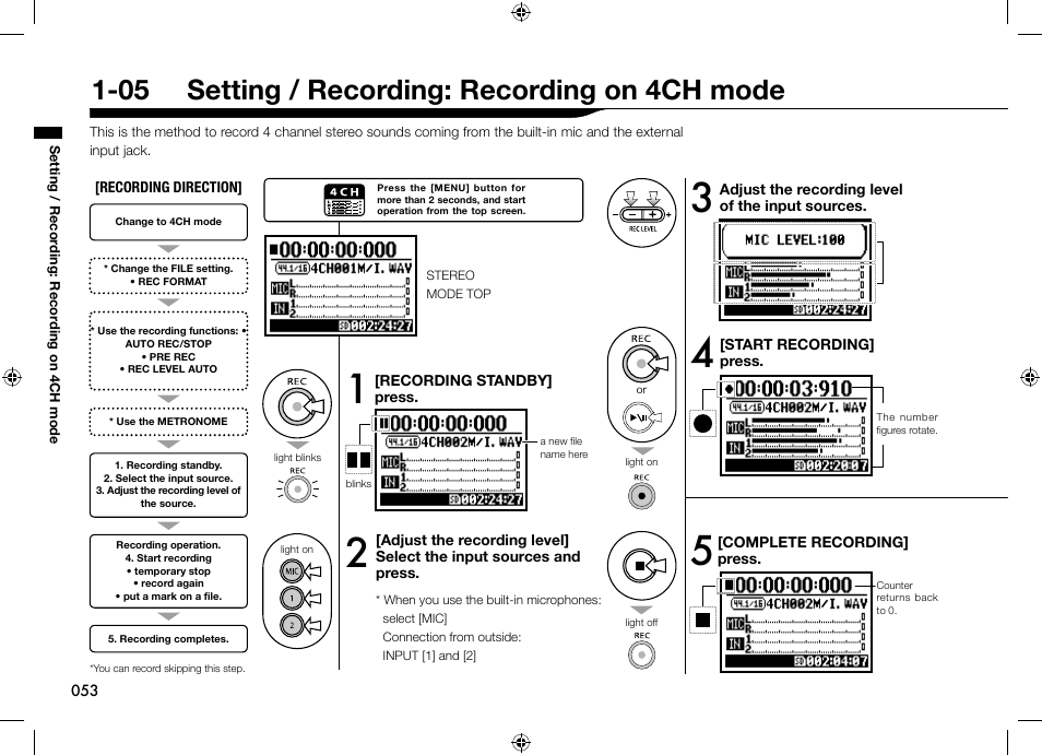 05 setting / recording: recording on 4ch mode | Zoom H4n User Manual | Page 54 / 156