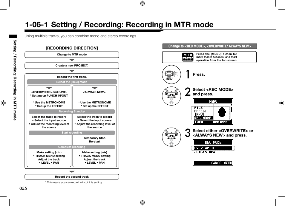 06-1 setting / recording: recording in mtr mode | Zoom H4n User Manual | Page 56 / 156