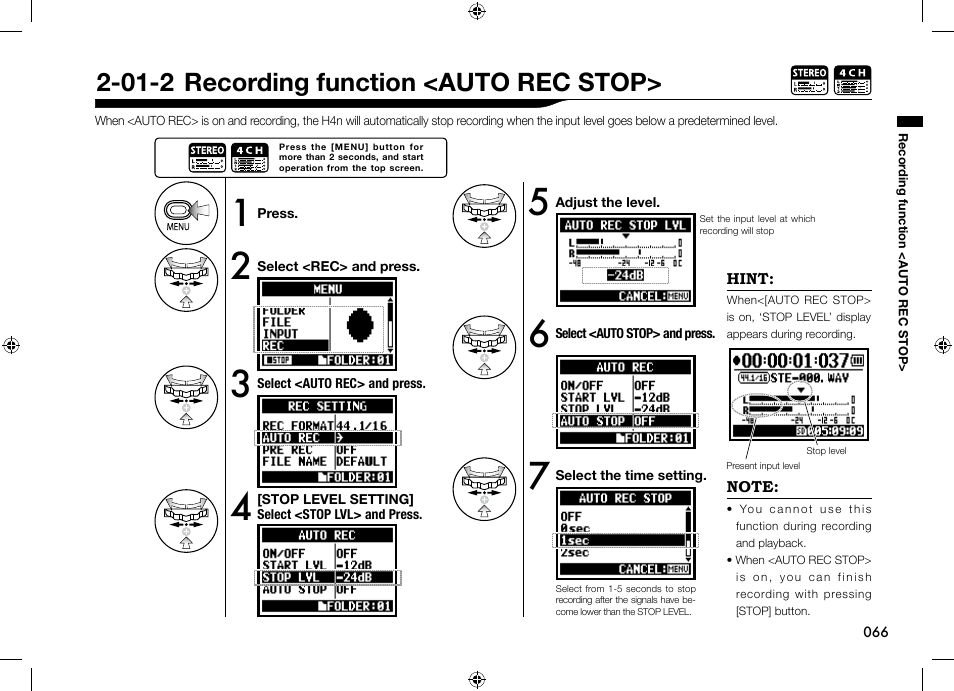 01-2 recording function <auto rec stop | Zoom H4n User Manual | Page 67 / 156