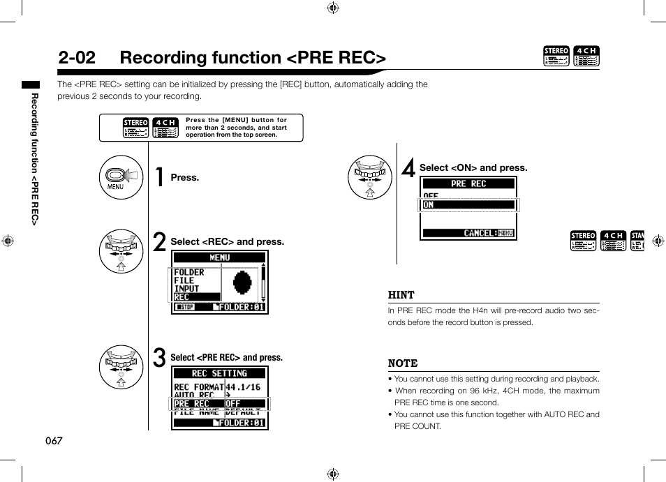 02 recording function <pre rec | Zoom H4n User Manual | Page 68 / 156