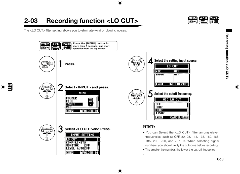 03 recording function <lo cut | Zoom H4n User Manual | Page 69 / 156