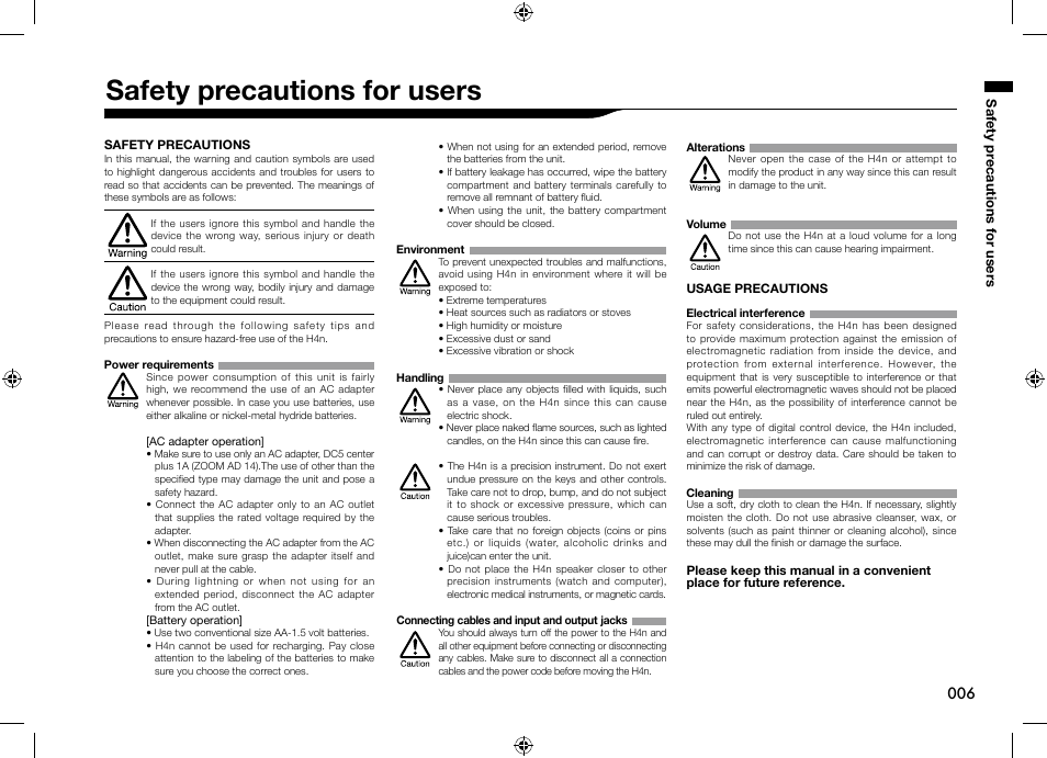 Safety precautions for users | Zoom H4n User Manual | Page 7 / 156