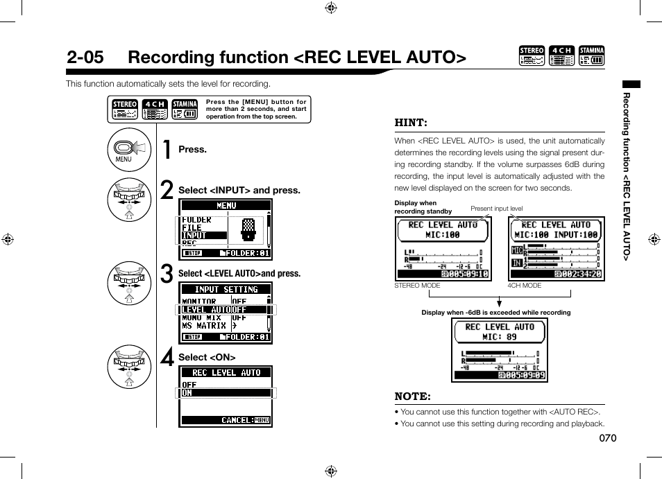 05 recording function <rec level auto | Zoom H4n User Manual | Page 71 / 156