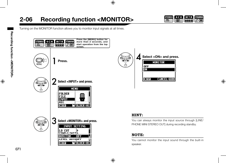 06 recording function <monitor | Zoom H4n User Manual | Page 72 / 156
