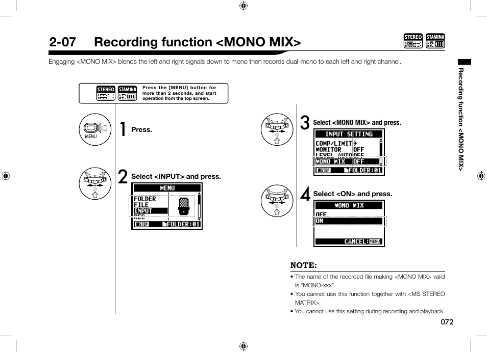 07 recording function <mono mix | Zoom H4n User Manual | Page 73 / 156
