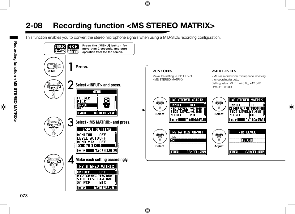 08 recording function <ms stereo matrix | Zoom H4n User Manual | Page 74 / 156