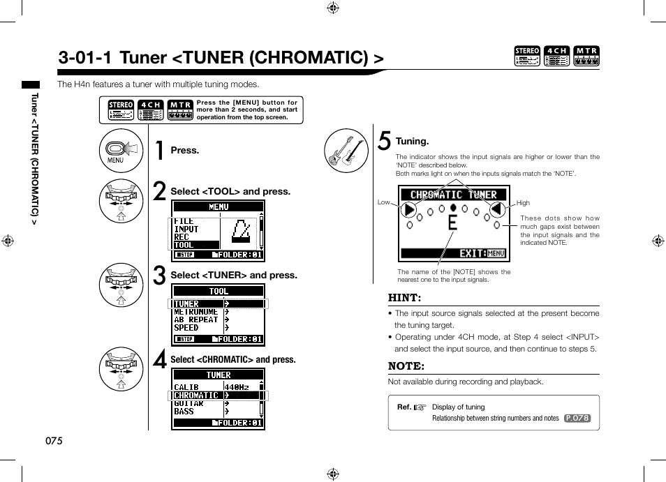 01-1 tuner <tuner (chromatic) | Zoom H4n User Manual | Page 76 / 156