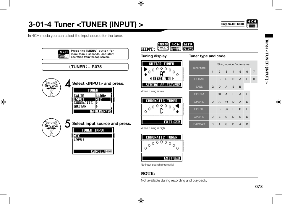 01-4 tuner <tuner (input), Hint | Zoom H4n User Manual | Page 79 / 156