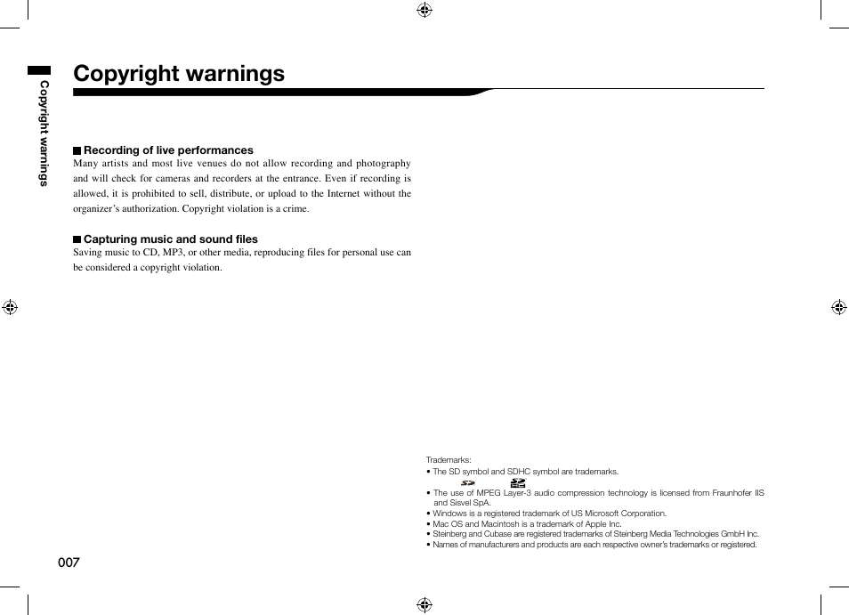 Copyright warnings | Zoom H4n User Manual | Page 8 / 156