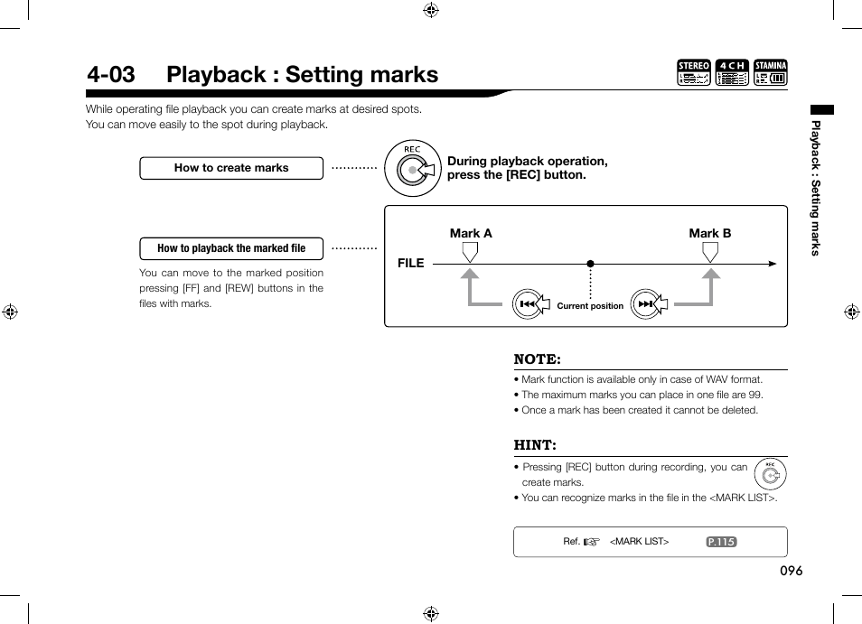 03 playback : setting marks | Zoom H4n User Manual | Page 97 / 156