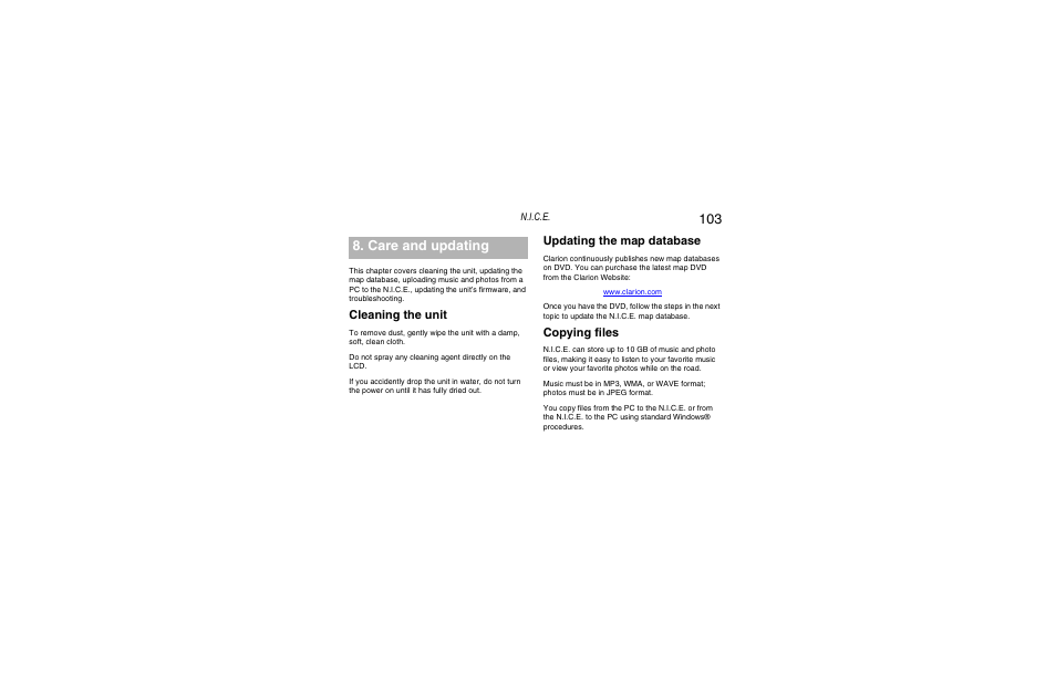 Care and updating, Cleaning the unit, Updating the map database | Copying files | Clarion Navigation In-Car Entertainment User Manual | Page 103 / 147