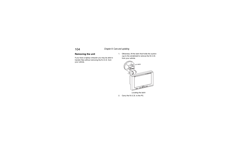 Chapter 8: care and updating, Removing the unit, Latch | Clarion Navigation In-Car Entertainment User Manual | Page 104 / 147