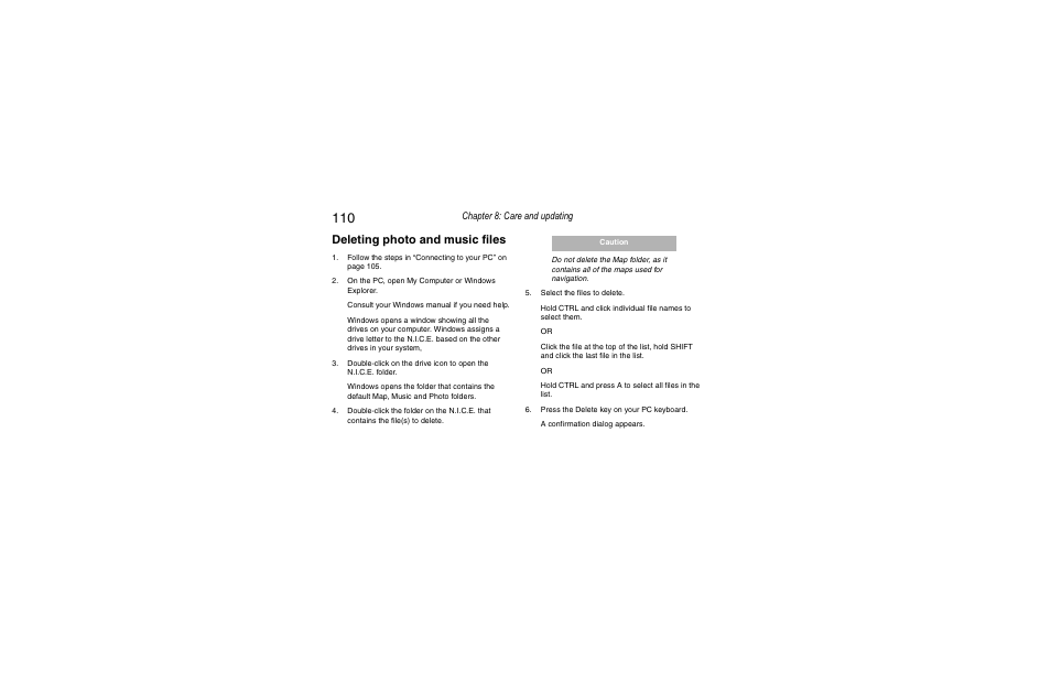 Deleting photo and music files, Chapter 8: care and updating | Clarion Navigation In-Car Entertainment User Manual | Page 110 / 147
