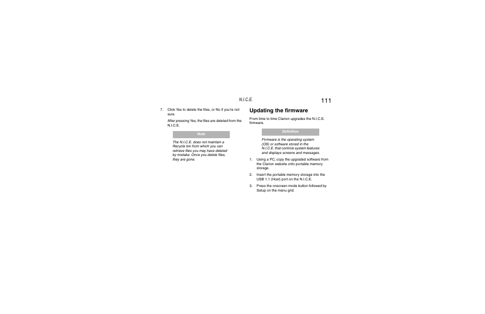 Updating the firmware, N.i.c.e | Clarion Navigation In-Car Entertainment User Manual | Page 111 / 147