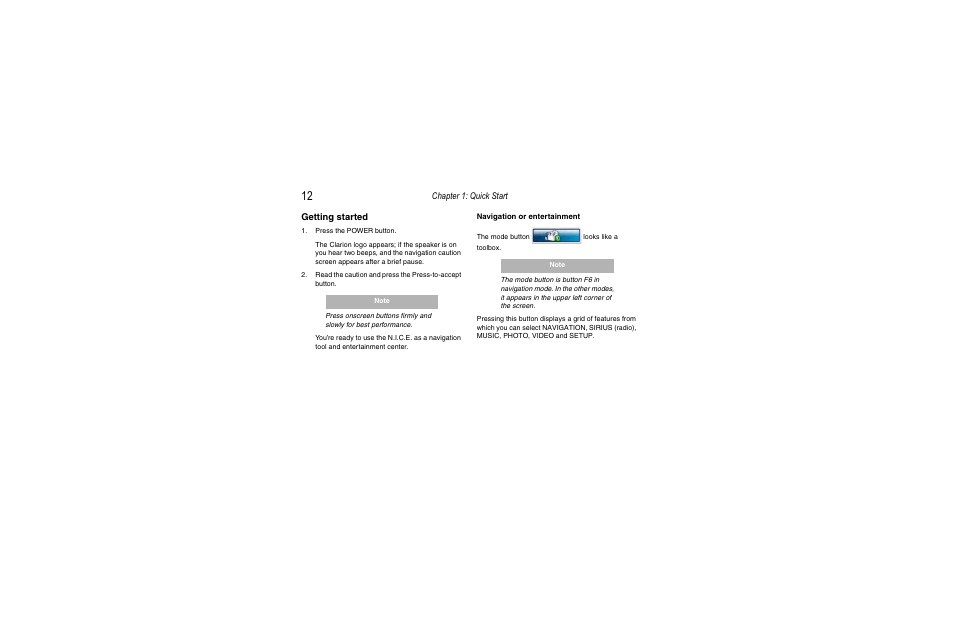 Getting started, Navigation / entertainment modes, Chapter 1: quick start | Clarion Navigation In-Car Entertainment User Manual | Page 12 / 147