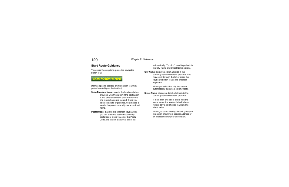 Chapter 9: reference, Start route guidance | Clarion Navigation In-Car Entertainment User Manual | Page 120 / 147