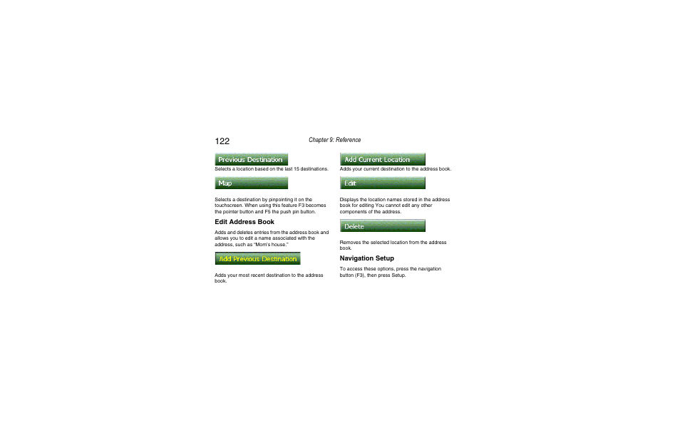 Chapter 9: reference, Edit address book, Navigation setup | Clarion Navigation In-Car Entertainment User Manual | Page 122 / 147