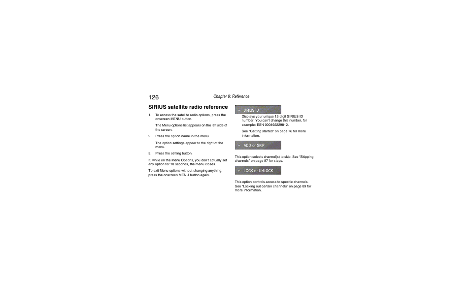 Sirius satellite radio reference, Chapter 9: reference | Clarion Navigation In-Car Entertainment User Manual | Page 126 / 147