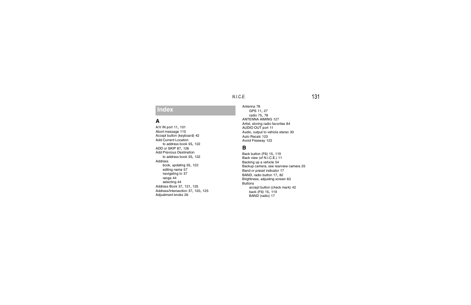Index | Clarion Navigation In-Car Entertainment User Manual | Page 131 / 147