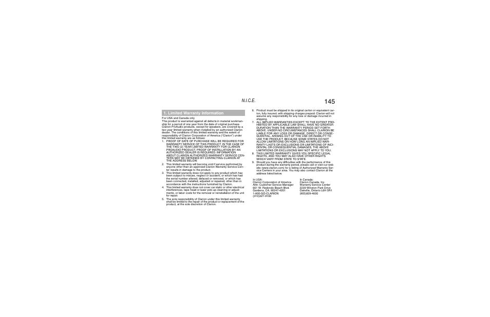 Warranty, N.i.c.e, Limited warranty information | Clarion Navigation In-Car Entertainment User Manual | Page 145 / 147