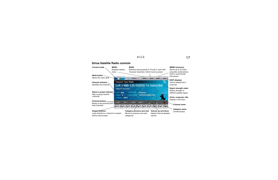 Sirius satellite radio controls, N.i.c.e | Clarion Navigation In-Car Entertainment User Manual | Page 17 / 147