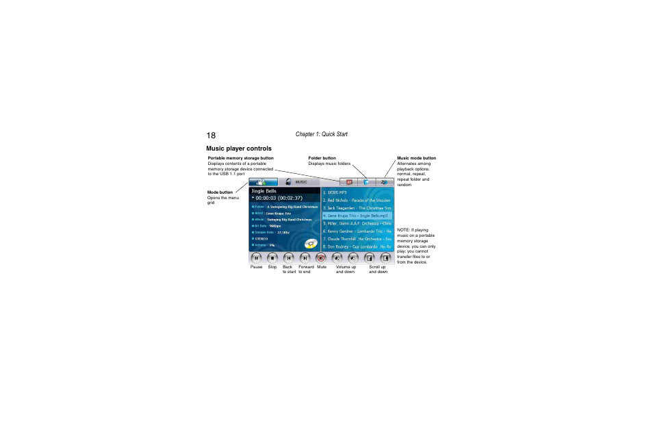 Music player controls, Chapter 1: quick start | Clarion Navigation In-Car Entertainment User Manual | Page 18 / 147