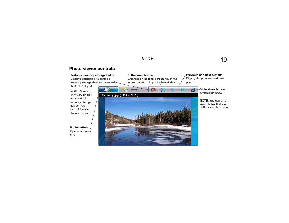 Photo viewer controls, N.i.c.e | Clarion Navigation In-Car Entertainment User Manual | Page 19 / 147