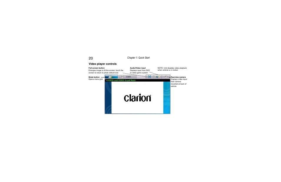Video player controls, Chapter 1: quick start | Clarion Navigation In-Car Entertainment User Manual | Page 20 / 147