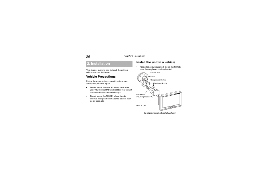Mounting bracket, Installation, Installation in a vehicle | Vehicle precautions, Install the unit in a vehicle, Chapter 2: installation | Clarion Navigation In-Car Entertainment User Manual | Page 26 / 147