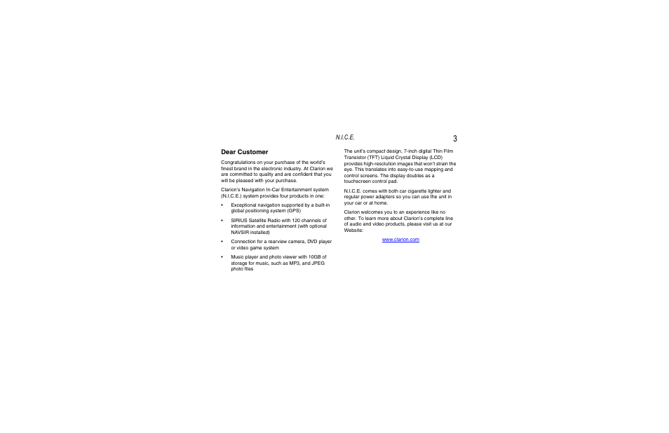 N.i.c.e, Dear customer | Clarion Navigation In-Car Entertainment User Manual | Page 3 / 147