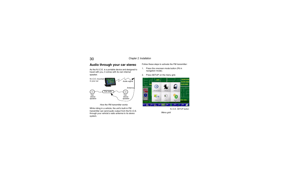 Audio through the car stereo, Audio through your car stereo, Chapter 2: installation | Clarion Navigation In-Car Entertainment User Manual | Page 30 / 147