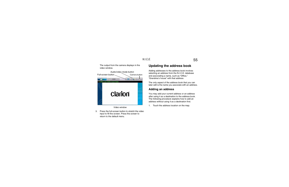 Updating the address book, Adding an address | Clarion Navigation In-Car Entertainment User Manual | Page 55 / 147