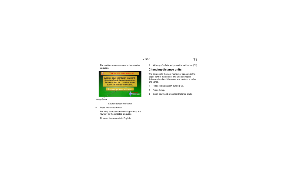 Changing distance units, N.i.c.e | Clarion Navigation In-Car Entertainment User Manual | Page 71 / 147